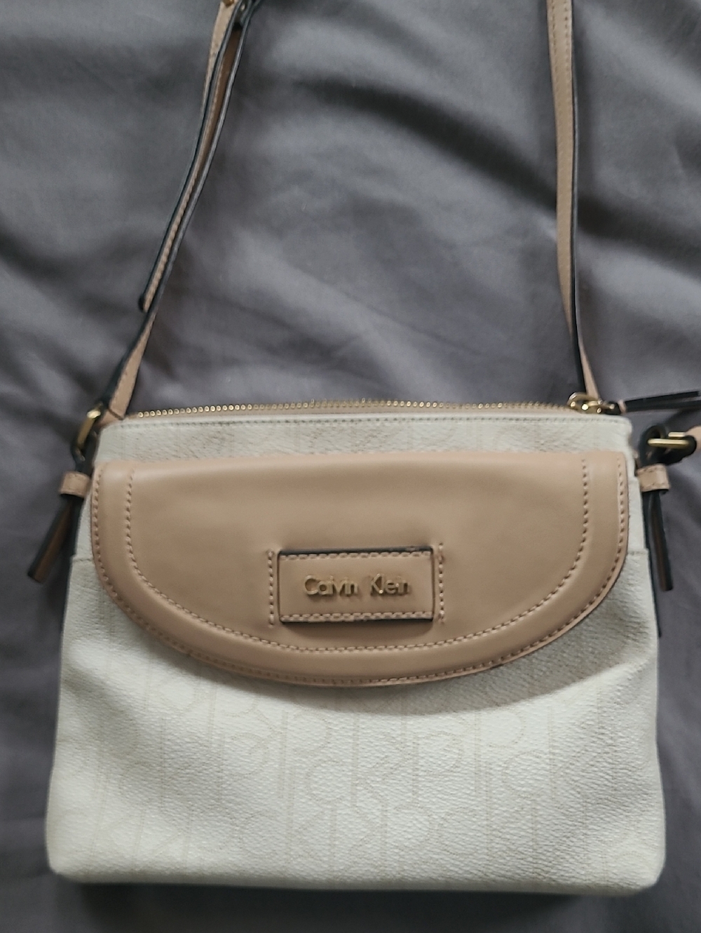 NWOT Calvin Klein Beige & Cream Monogram Logo Crossbody Bag - Minimalist Chic